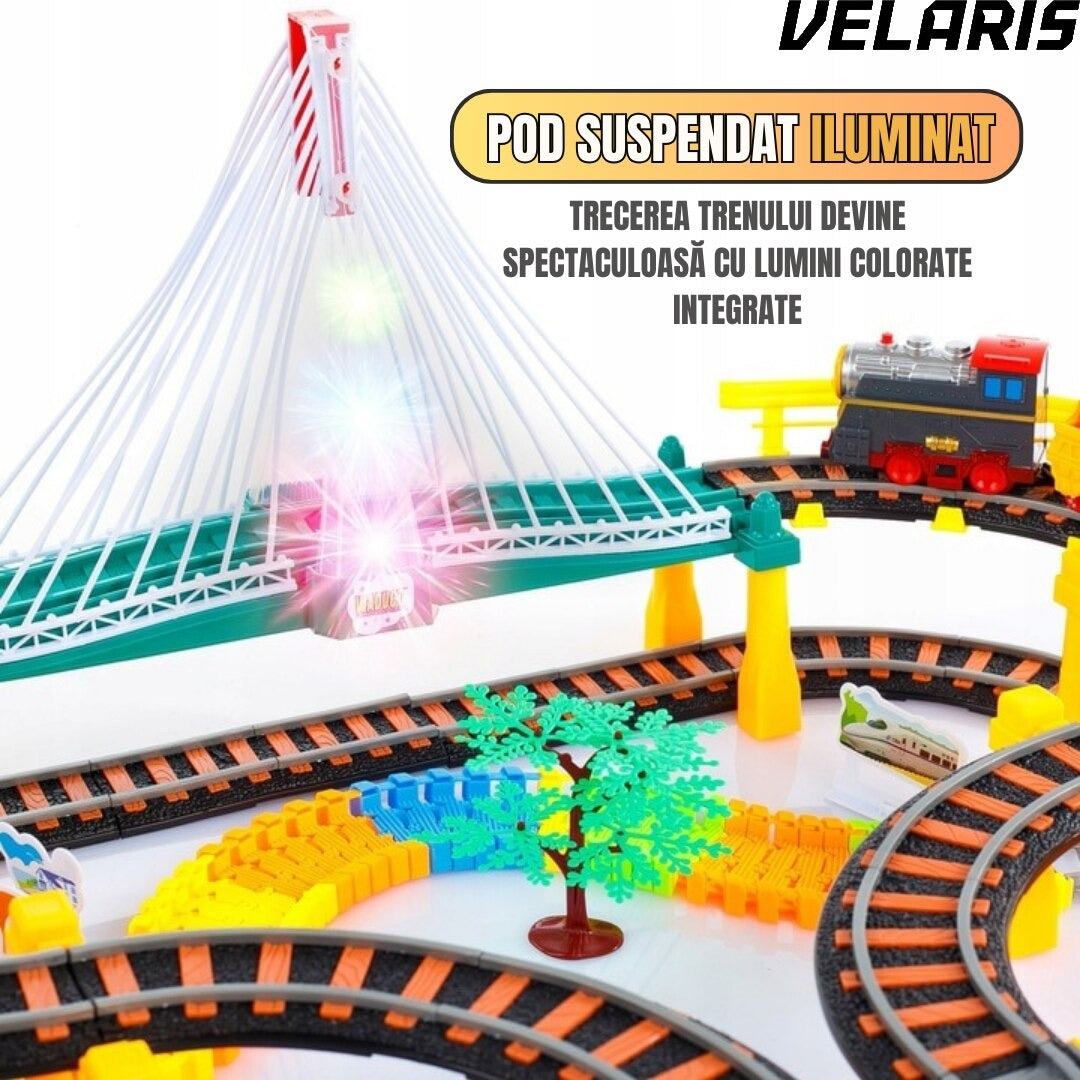 Circuit 2 in 1 XXL 140 Piese, 86x74 cm, cu Trenulet Electric si Masinuta, Pod cu Lumini, Pista Rapid Transit de Mare Viteza, Multicolor