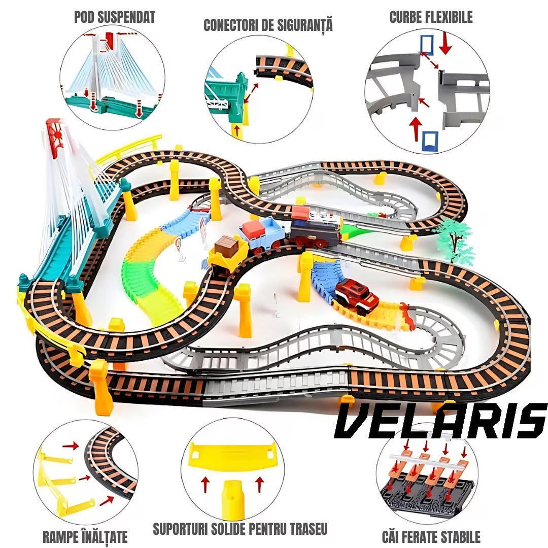 Circuit 2 in 1 XXL 140 Piese, 86x74 cm, cu Trenulet Electric si Masinuta, Pod cu Lumini, Pista Rapid Transit de Mare Viteza, Multicolor