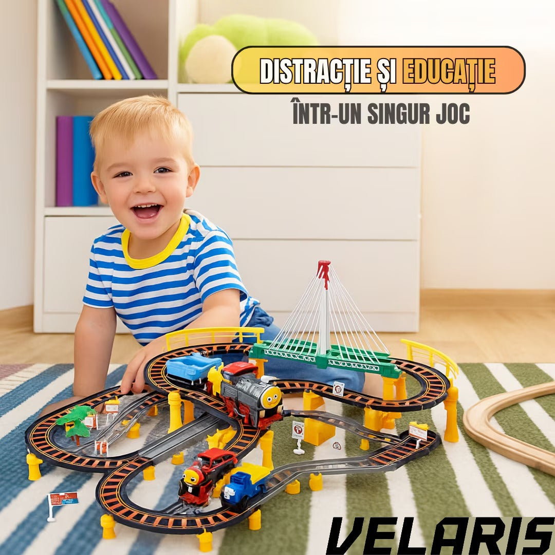 Circuit 2 in 1 XXL 140 Piese, 86x74 cm, cu Trenulet Electric si Masinuta, Pod cu Lumini, Pista Rapid Transit de Mare Viteza, Multicolor