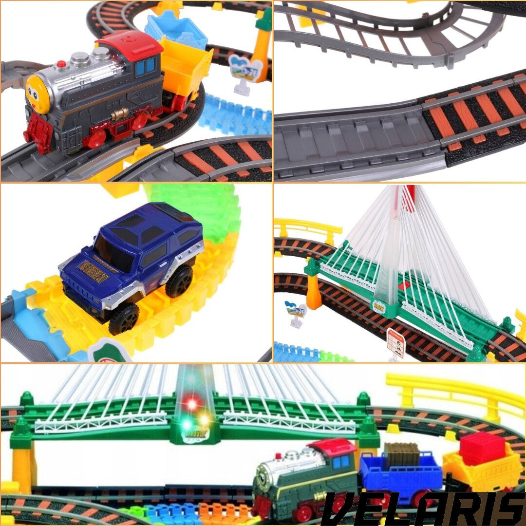 Circuit 2 in 1 XXL 140 Piese, 86x74 cm, cu Trenulet Electric si Masinuta, Pod cu Lumini, Pista Rapid Transit de Mare Viteza, Multicolor