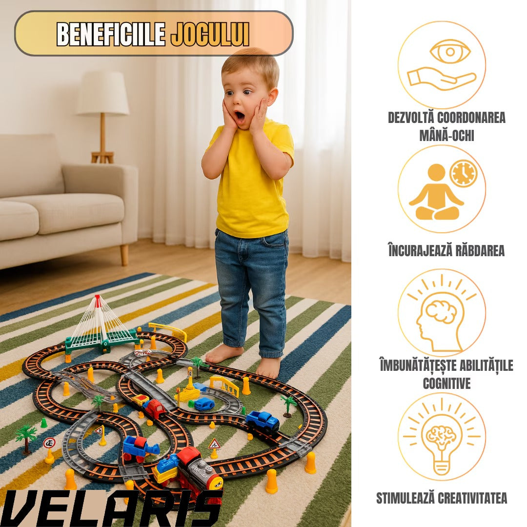 Circuit 2 in 1 XXL 140 Piese, 86x74 cm, cu Trenulet Electric si Masinuta, Pod cu Lumini, Pista Rapid Transit de Mare Viteza, Multicolor