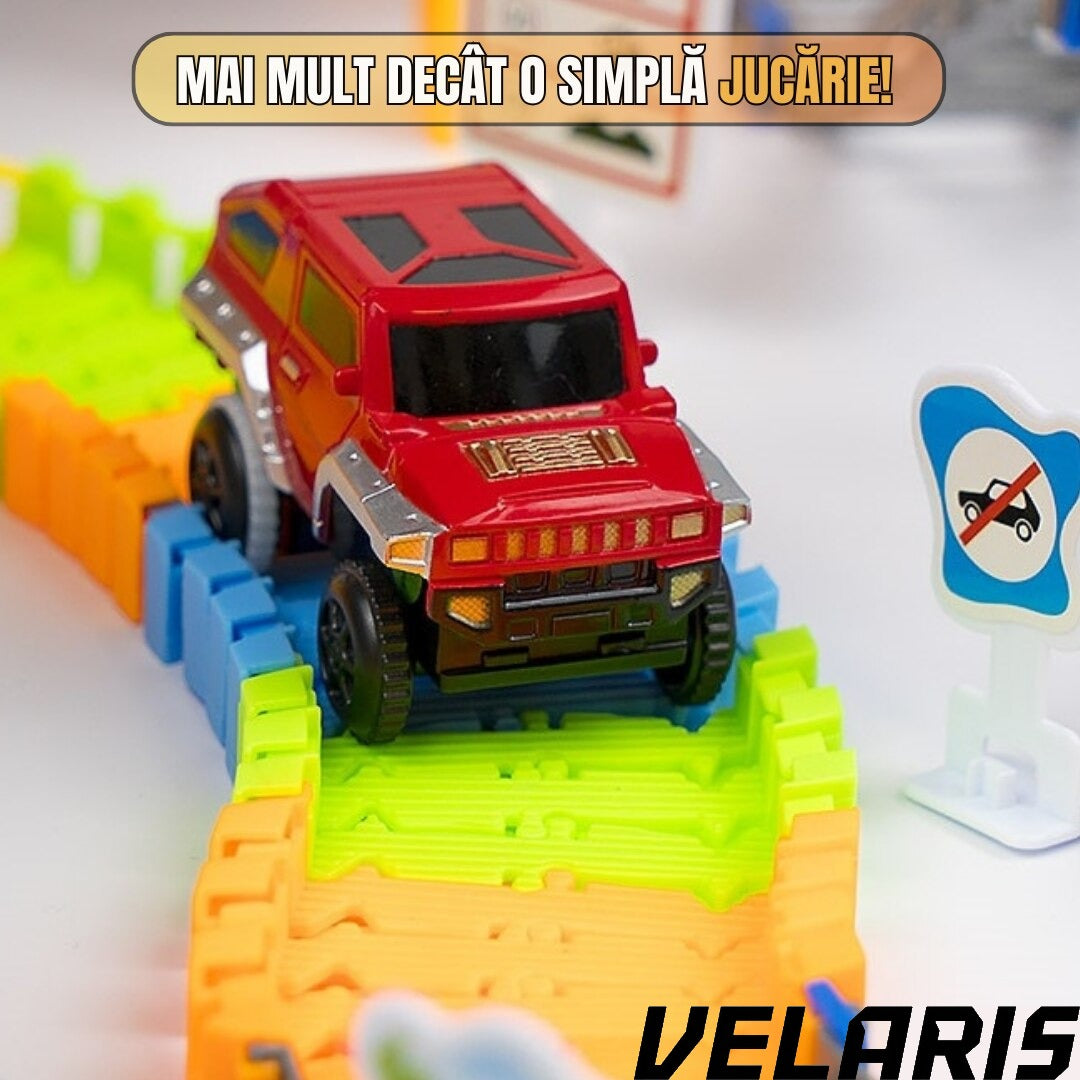 Circuit 2 in 1 XXL 140 Piese, 86x74 cm, cu Trenulet Electric si Masinuta, Pod cu Lumini, Pista Rapid Transit de Mare Viteza, Multicolor