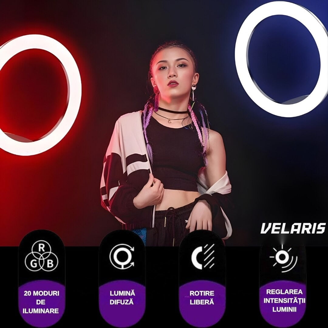 Inel LED RGB circular 26 cm, 20 moduri lumină, cu suport telefon, cablu USB, telecomandă