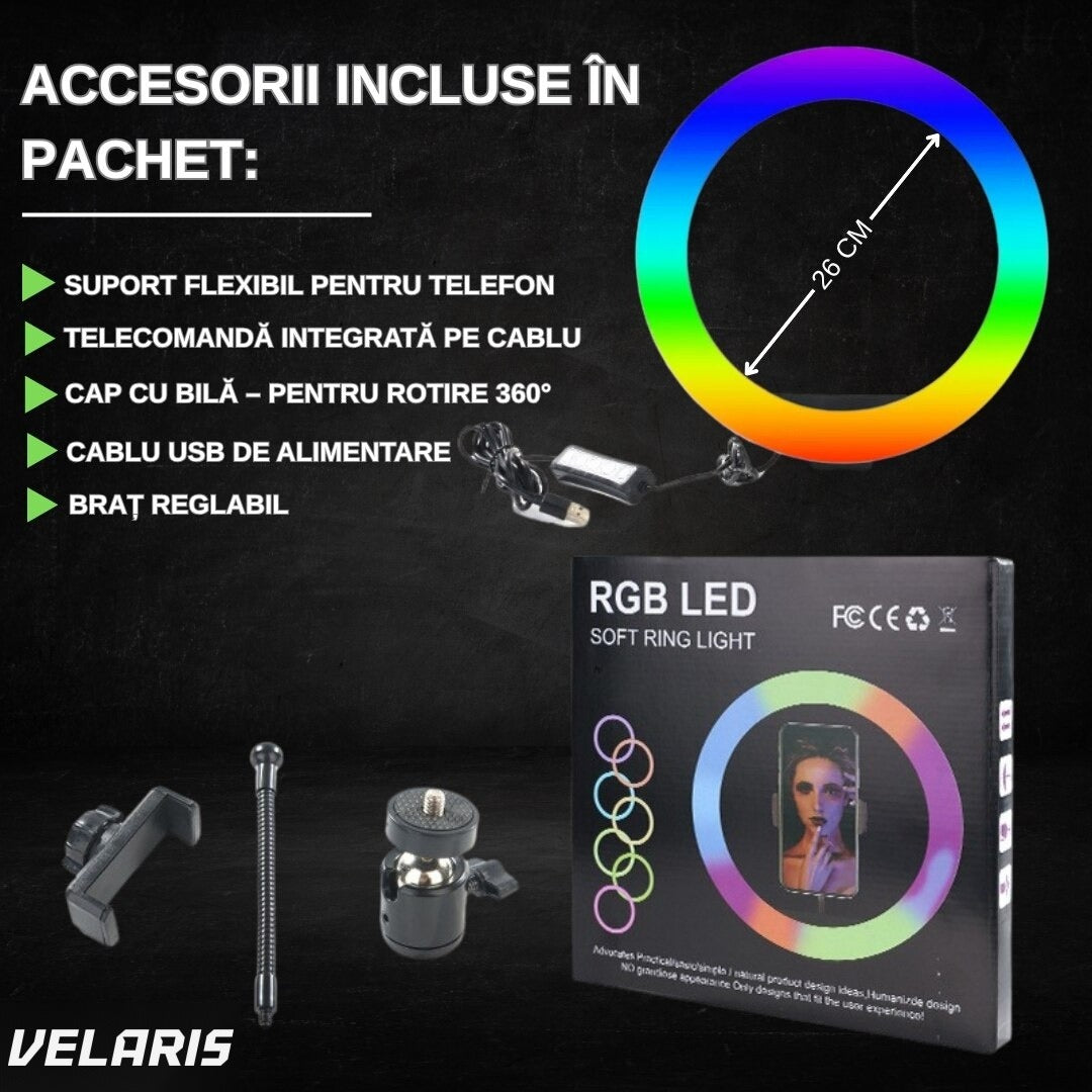 Inel LED RGB circular 26 cm, 20 moduri lumină, cu suport telefon, cablu USB, telecomandă