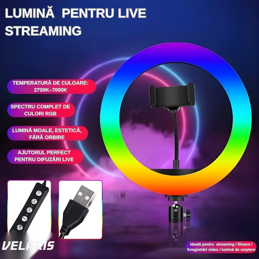 Inel LED RGB circular 30 cm, 20 moduri lumină, cu suport telefon, cablu USB, telecomandă