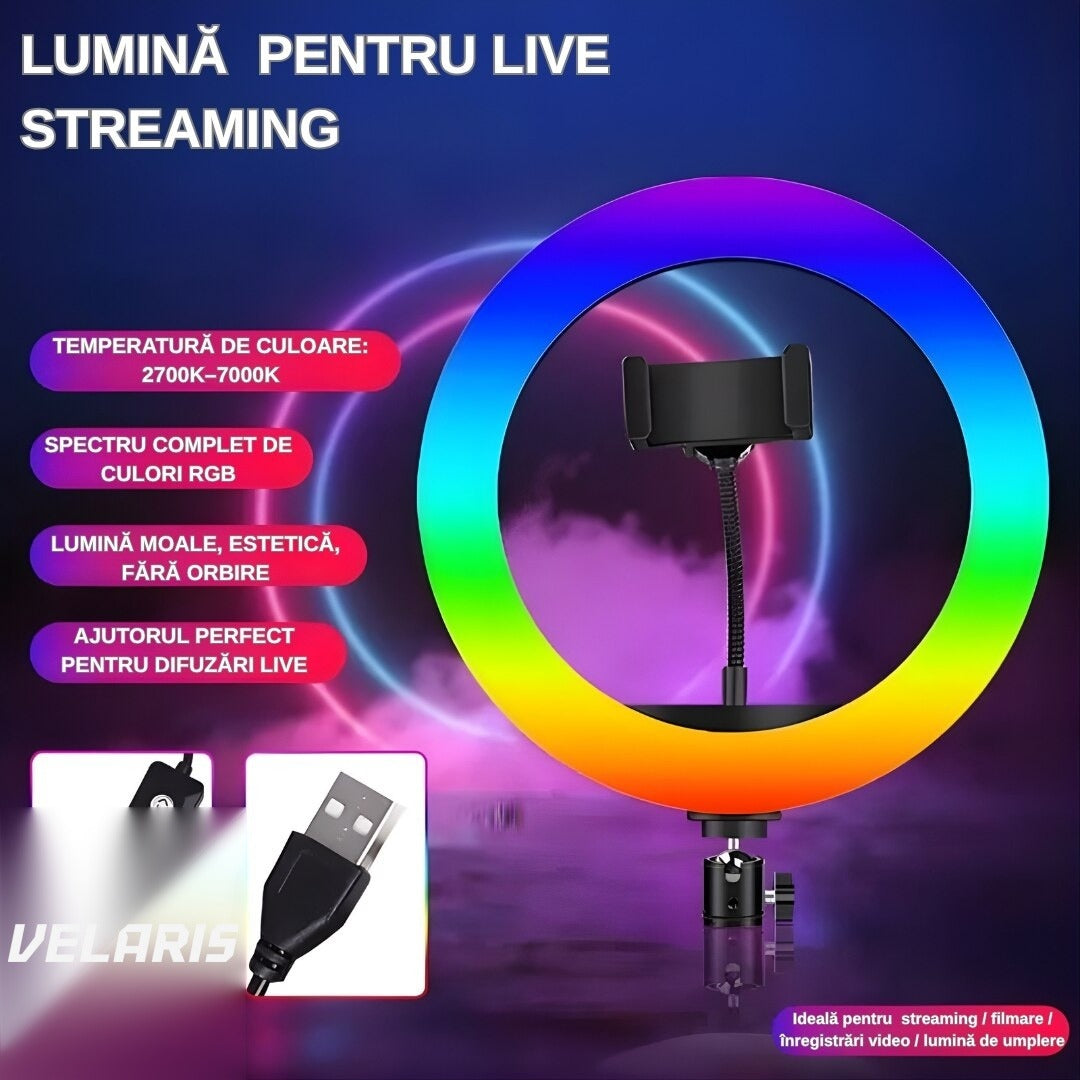 Inel luminos RGB LED 36 cm, 20 moduri iluminare, suport telefon, telecomanda