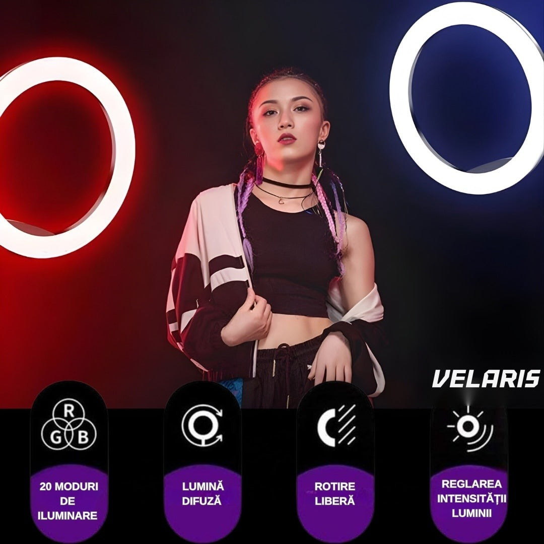 Inel luminos RGB LED 36 cm, 20 moduri iluminare, suport telefon, telecomanda