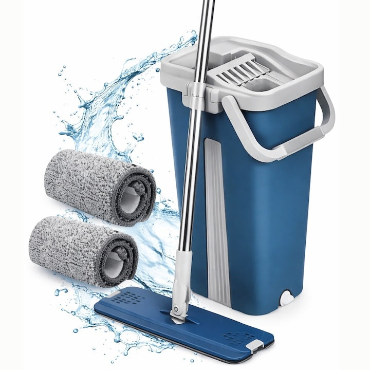 Set curățare cu mop plat și găleată cu sistem de stoarcere, mâner telescopic și 2 cârpe microfibră
