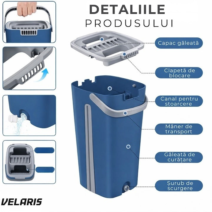 Set curățare cu mop plat și găleată cu sistem de stoarcere, mâner telescopic și 2 cârpe microfibră
