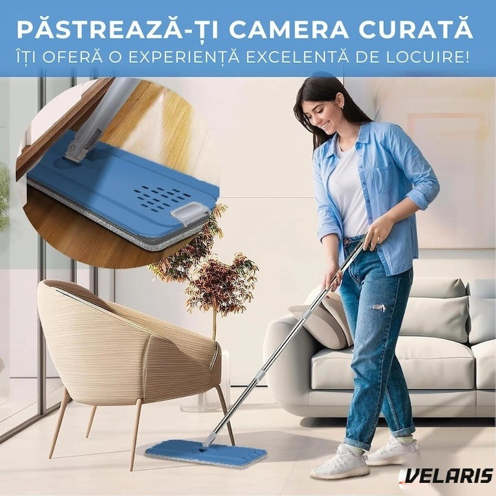 Set curățare cu mop plat și găleată cu sistem de stoarcere, mâner telescopic și 2 cârpe microfibră
