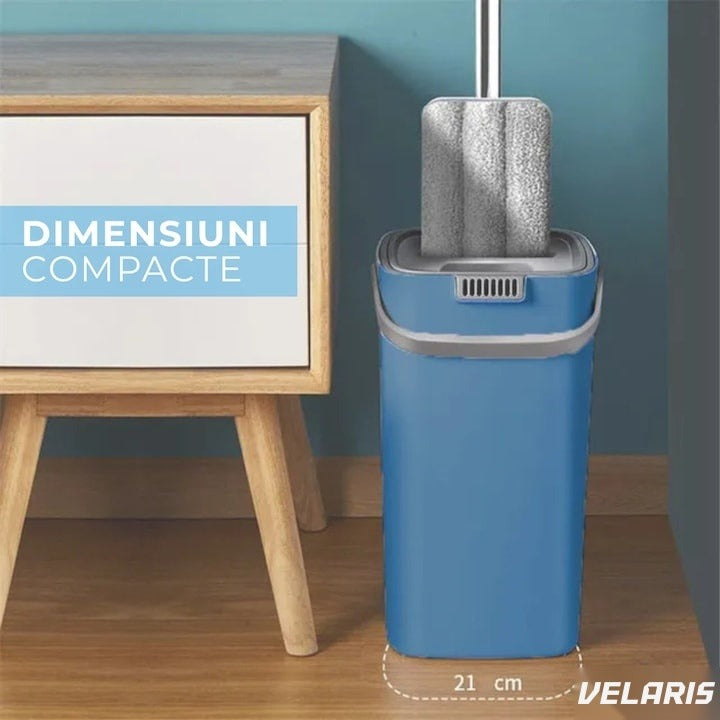 Set curățare cu mop plat și găleată cu sistem de stoarcere, mâner telescopic și 2 cârpe microfibră