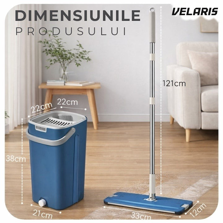 Set curățare cu mop plat și găleată cu sistem de stoarcere, mâner telescopic și 2 cârpe microfibră