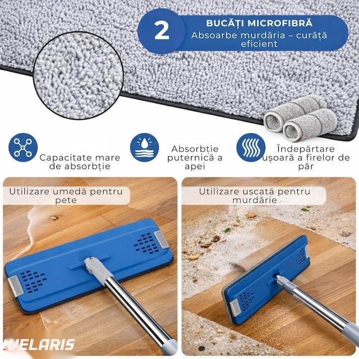 Set curățare cu mop plat și găleată cu sistem de stoarcere, mâner telescopic și 2 cârpe microfibră
