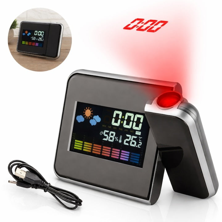 Ceas DS-8190 cu proiector LED, calendar, alarmă, afișaj temperatură și umiditate, negru