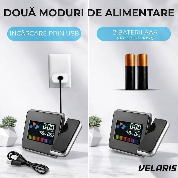 Ceas DS-8190 cu proiector LED, calendar, alarmă, afișaj temperatură și umiditate, negru