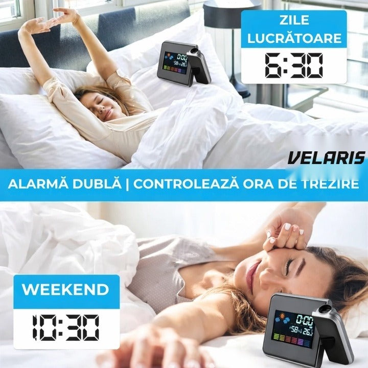 Ceas DS-8190 cu proiector LED, calendar, alarmă, afișaj temperatură și umiditate, negru