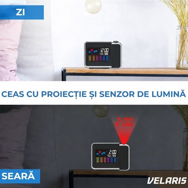 Ceas DS-8190 cu proiector LED, calendar, alarmă, afișaj temperatură și umiditate, negru