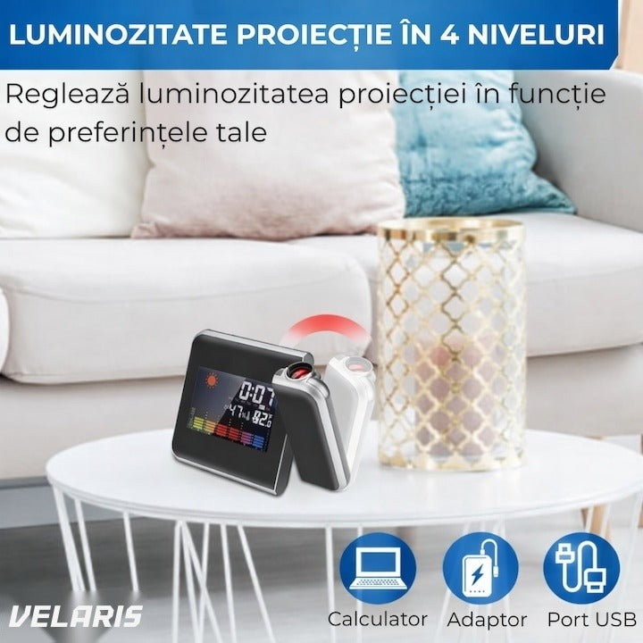 Ceas DS-8190 cu proiector LED, calendar, alarmă, afișaj temperatură și umiditate, negru