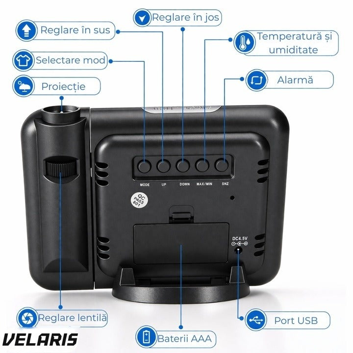 Ceas DS-8190 cu proiector LED, calendar, alarmă, afișaj temperatură și umiditate, negru