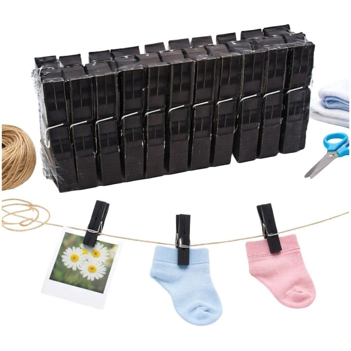 Set 24 clești rufe plastic negru, rezistent, pentru balcon și uscare haine