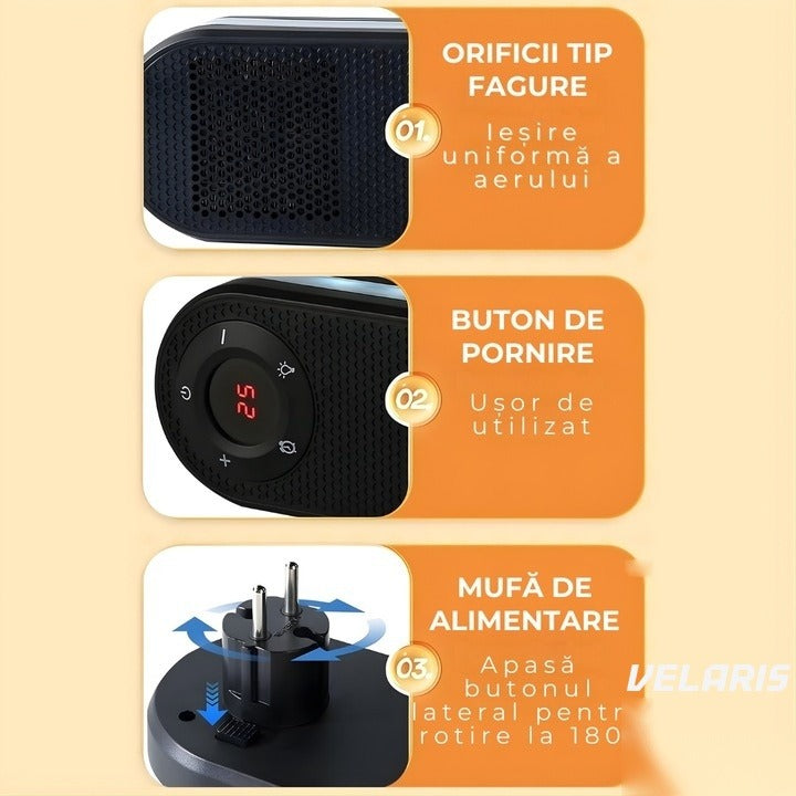 Incălzitor electric compact 500W, rotație 180°, ecran LED, telecomandă
