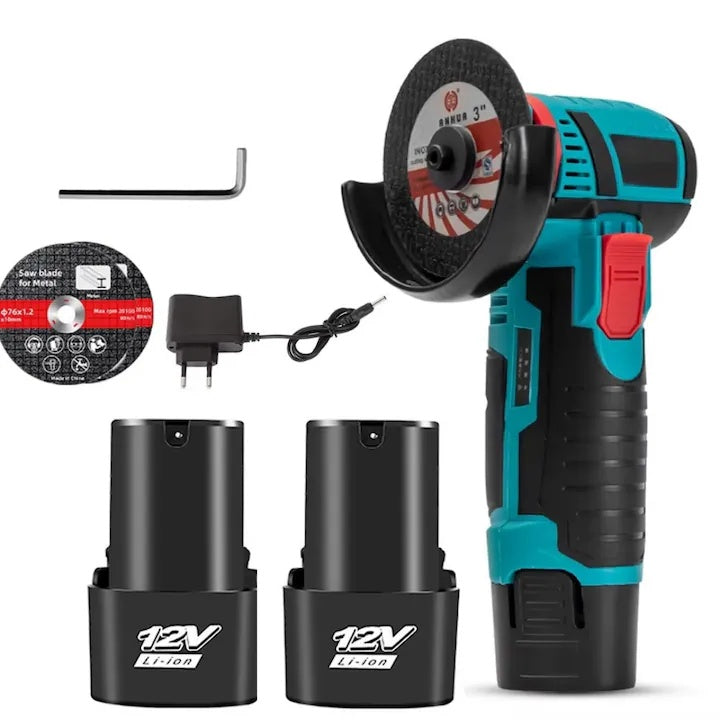 Polizor unghiular fără fir 12V, 2 acumulatori Li-Ion, discuri metal și încărcător incluse, mini flex portabil