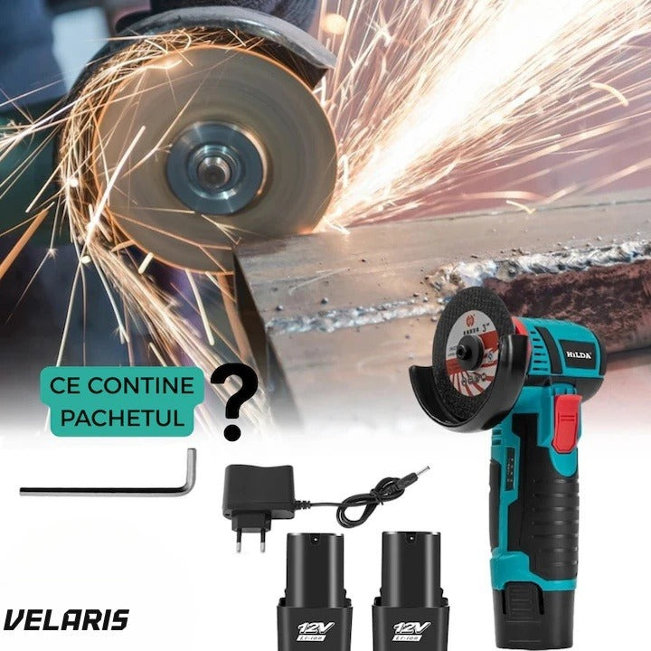Polizor unghiular fără fir 12V, 2 acumulatori Li-Ion, discuri metal și încărcător incluse, mini flex portabil