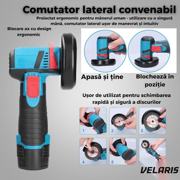 Polizor unghiular fără fir 12V, 2 acumulatori Li-Ion, discuri metal și încărcător incluse, mini flex portabil