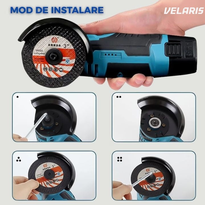 Polizor unghiular fără fir 12V, 2 acumulatori Li-Ion, discuri metal și încărcător incluse, mini flex portabil
