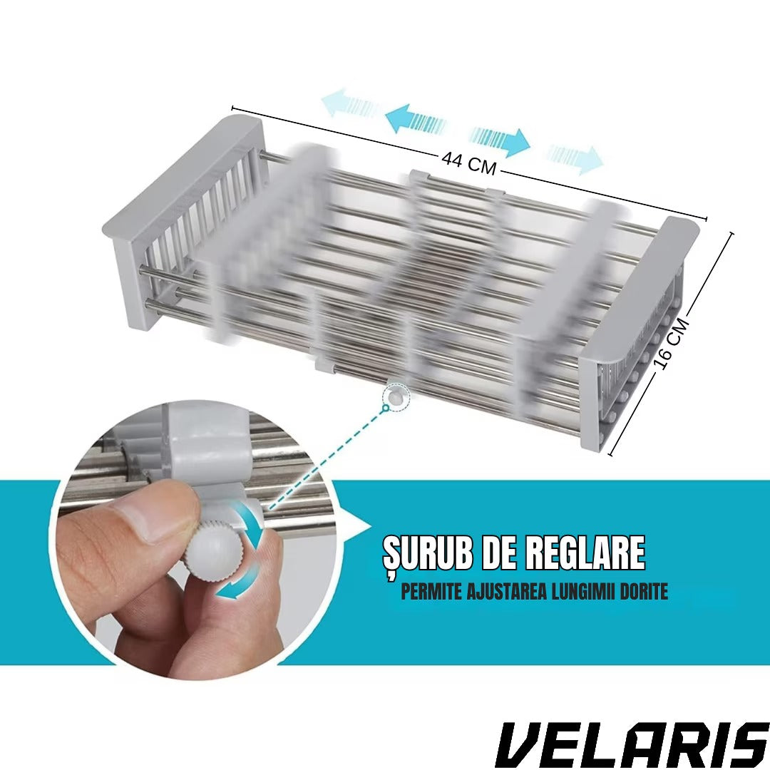 Cos de scurgere pentru chiuveta mica, inox si plastic alimentar, 46x16 cm, extensibil, pentru legume, fructe si vase