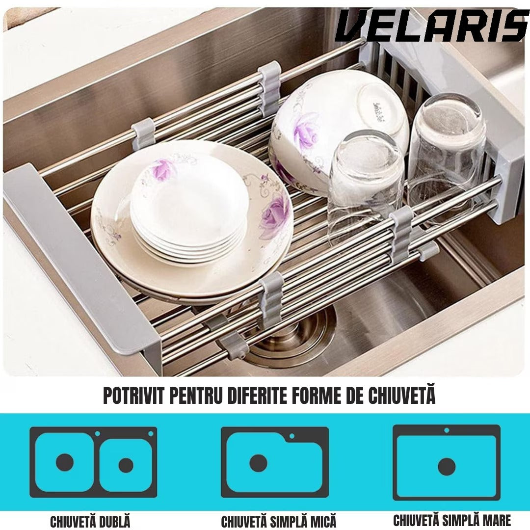 Cos de scurgere pentru chiuveta mica, inox si plastic alimentar, 46x22 cm, extensibil, pentru legume, fructe si vase