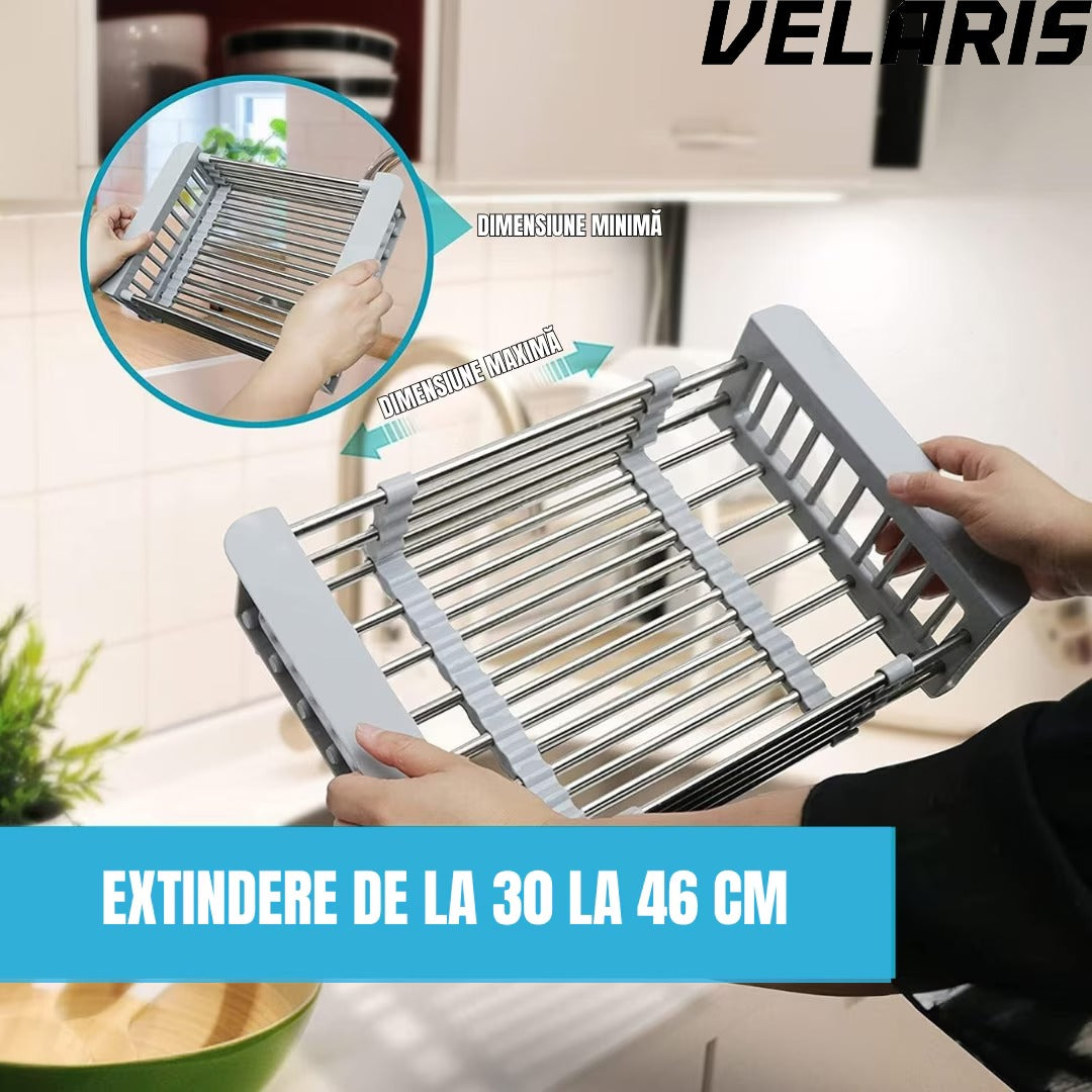 Cos de scurgere pentru chiuveta mica, inox si plastic alimentar, 46x22 cm, extensibil, pentru legume, fructe si vase