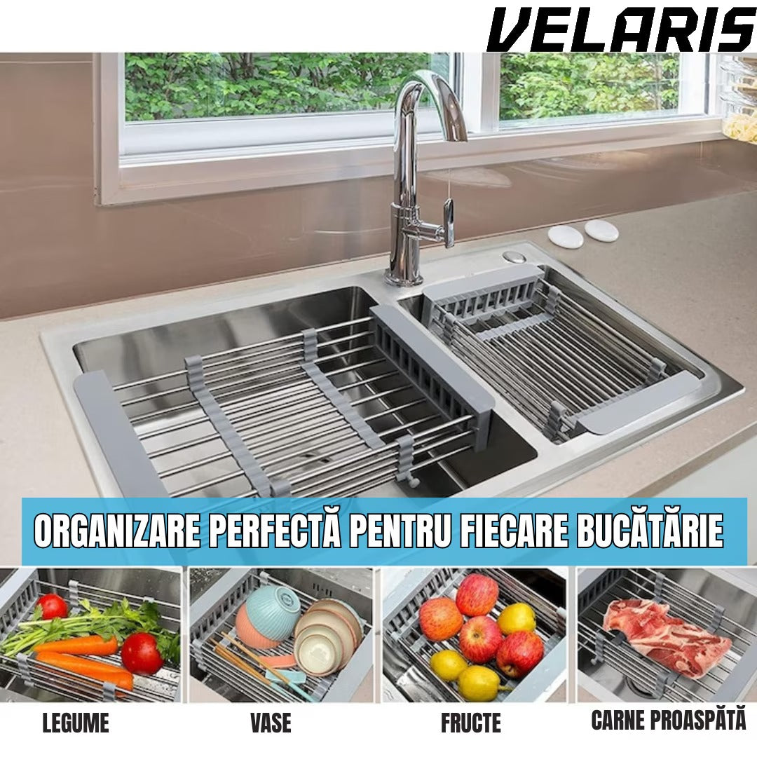 Cos de scurgere pentru chiuveta mica, inox si plastic alimentar, 46x22 cm, extensibil, pentru legume, fructe si vase