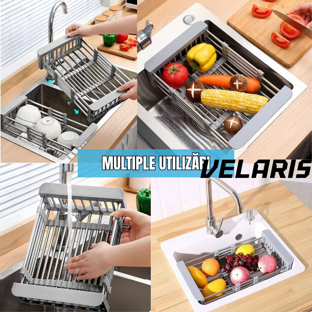 Cos de scurgere pentru chiuveta mica, inox si plastic alimentar, 46x16 cm, extensibil, pentru legume, fructe si vase