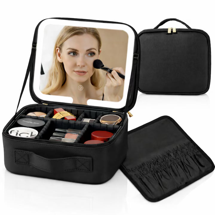 Organizator cosmetice cu oglinda LED, 76 LED, 2000mAh, negru, 26x23x11cm