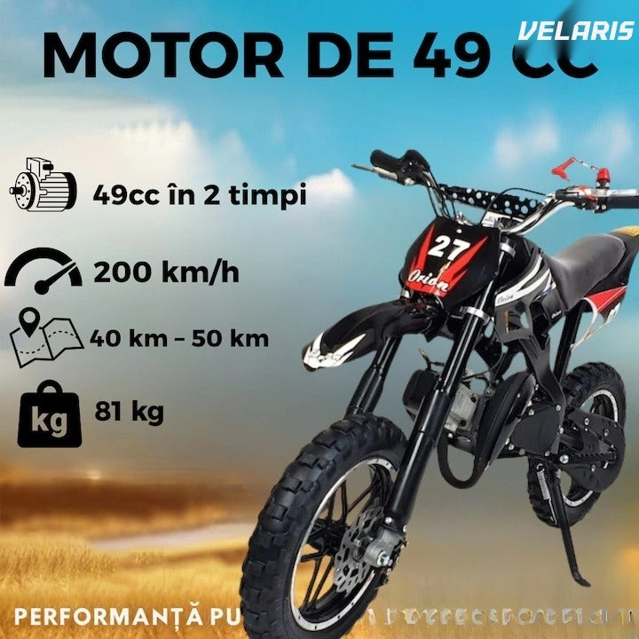 Motocicletă cross pentru copii, motor 49cc, roți late, pornire ușoară, off-road, negru