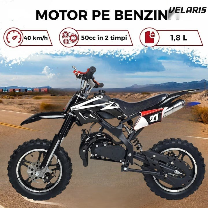 Motocicletă cross pentru copii, motor 49cc, roți late, pornire ușoară, off-road, negru