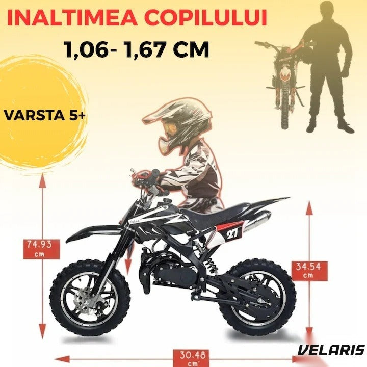 Motocicletă cross pentru copii, motor 49cc, roți late, pornire ușoară, off-road, negru