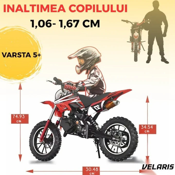 Motocicletă cross pentru copii, motor 49cc, roți late, pornire ușoară, off-road, roșu