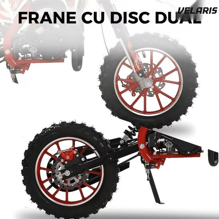Motocicletă cross pentru copii, motor 49cc, roți late, pornire ușoară, off-road, roșu