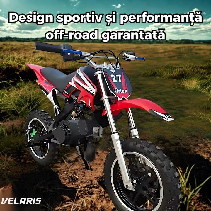 Motocicletă cross pentru copii, motor 49cc, roți late, pornire ușoară, off-road, roșu