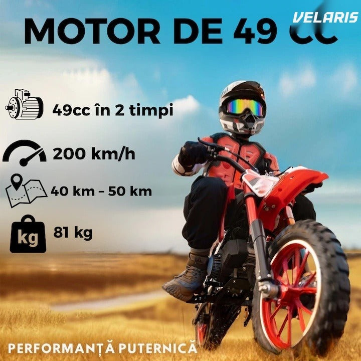 Motocicletă cross pentru copii, motor 49cc, roți late, pornire ușoară, off-road, roșu