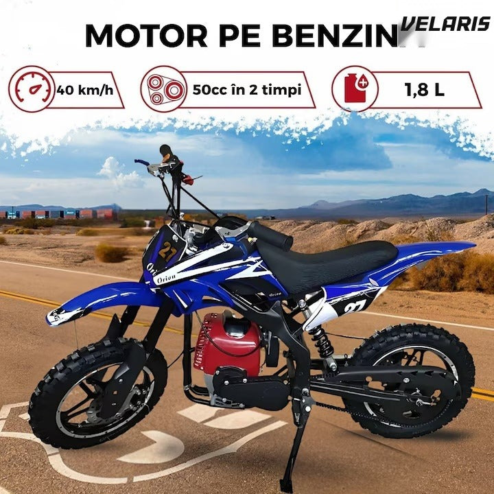 Motocicletă cross pentru copii, motor 49cc, roți late, pornire ușoară, off-road, albastru