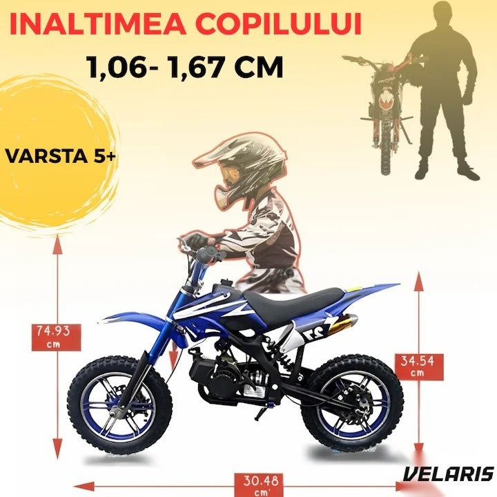 Motocicletă cross pentru copii, motor 49cc, roți late, pornire ușoară, off-road, albastru