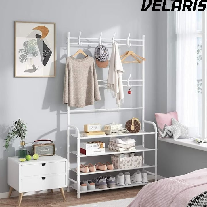 Cuier multifunctional pentru haine si incaltaminte, 171x80x26.5 cm, material durabil, design ergonomic si modern, negru