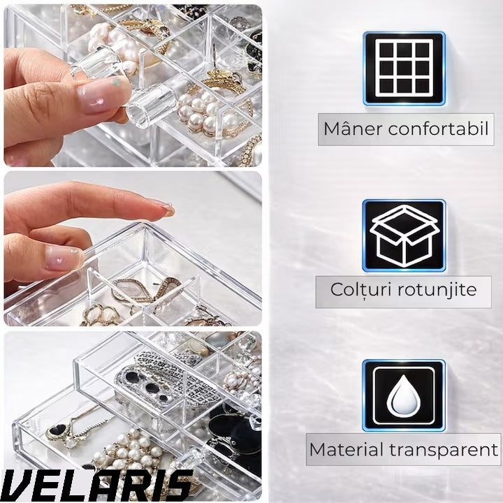 Cutie bijuterii transparenta, multistrat, 3 sertare, 72 compartimente, capacitate mare, 24×13, 5×11 cm