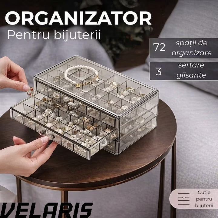 Cutie bijuterii transparenta, multistrat, 3 sertare, 72 compartimente, capacitate mare, 24×13, 5×11 cm