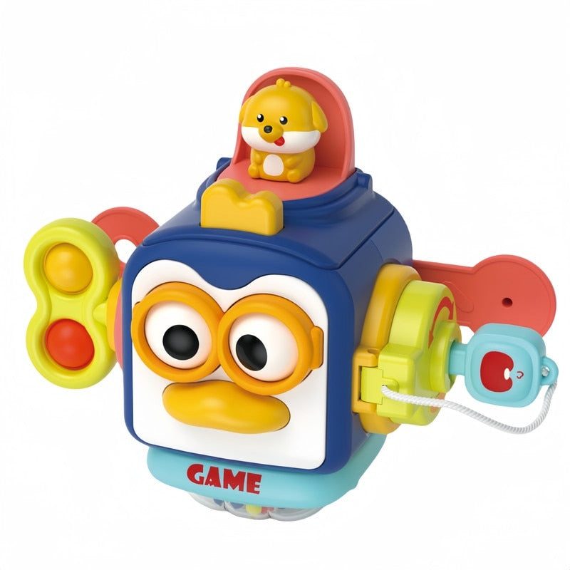 Jucarie interactiva 6 in 1 tip cub, Montessori, multicolora, 17×13 cm, pentru dezvoltarea abilitatilor motorii si cognitive, 1 an+