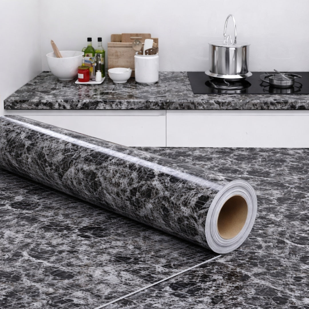 Folie autoadezivă marmură gri închis, 10 m x 60 cm, rezistentă la căldură