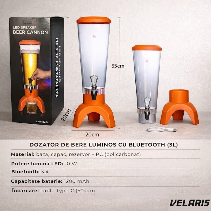 Decanter 3 litri din sticlă cu LED decorativ și difuzor Bluetooth, negru